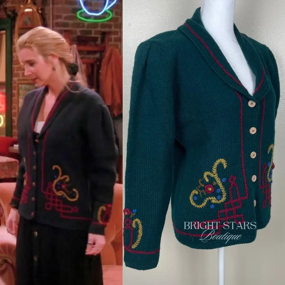 Rare Vintage Hand Embroidered Cardigan ASO Phoebe Buffay Friends Green Small